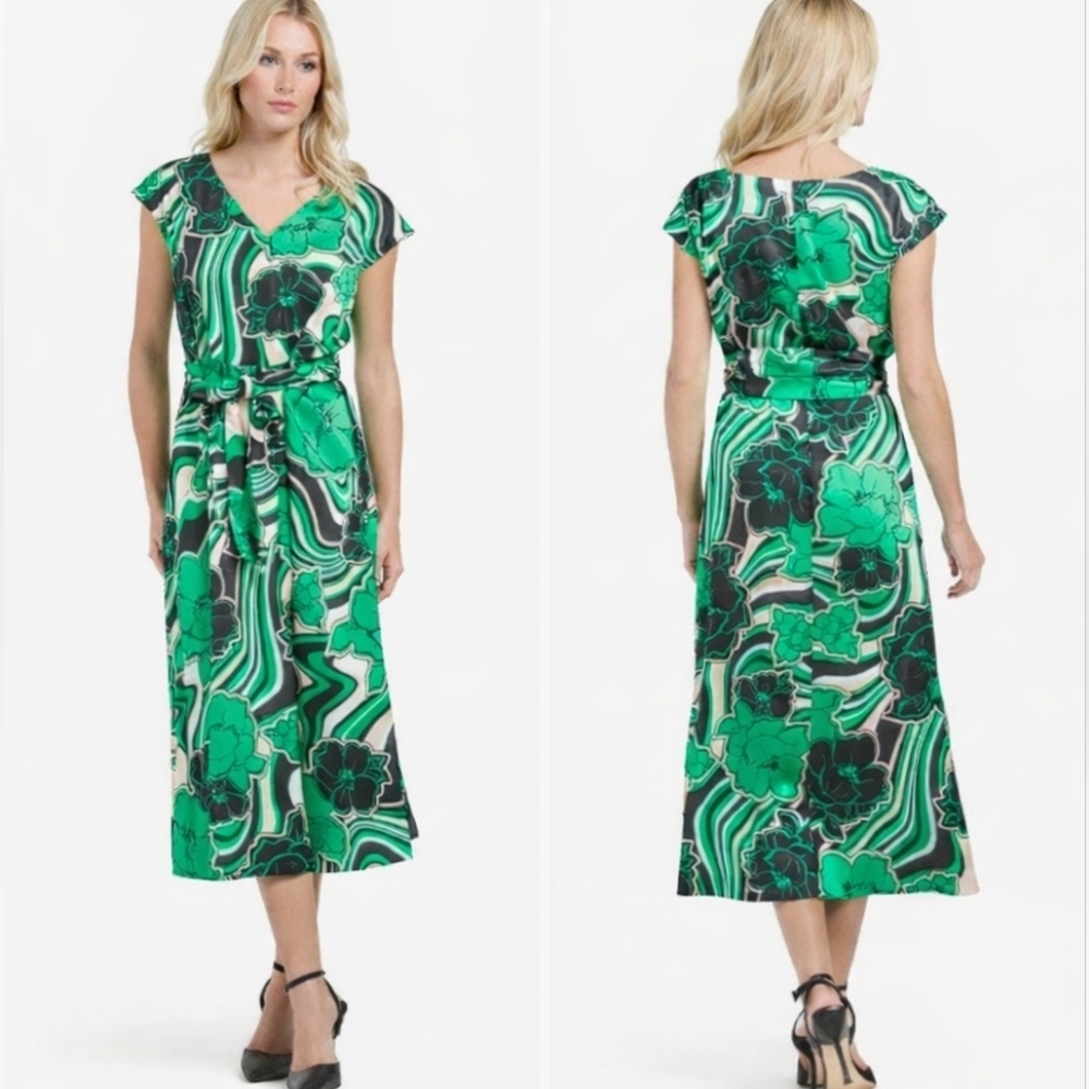 NWT Anne Klein Emerald Green Abstract Floral Satin Midi Dress Size 8